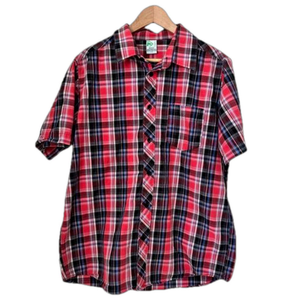 Firefly red, blue and black plaid 100% cotton short sleeve shirt. Size L